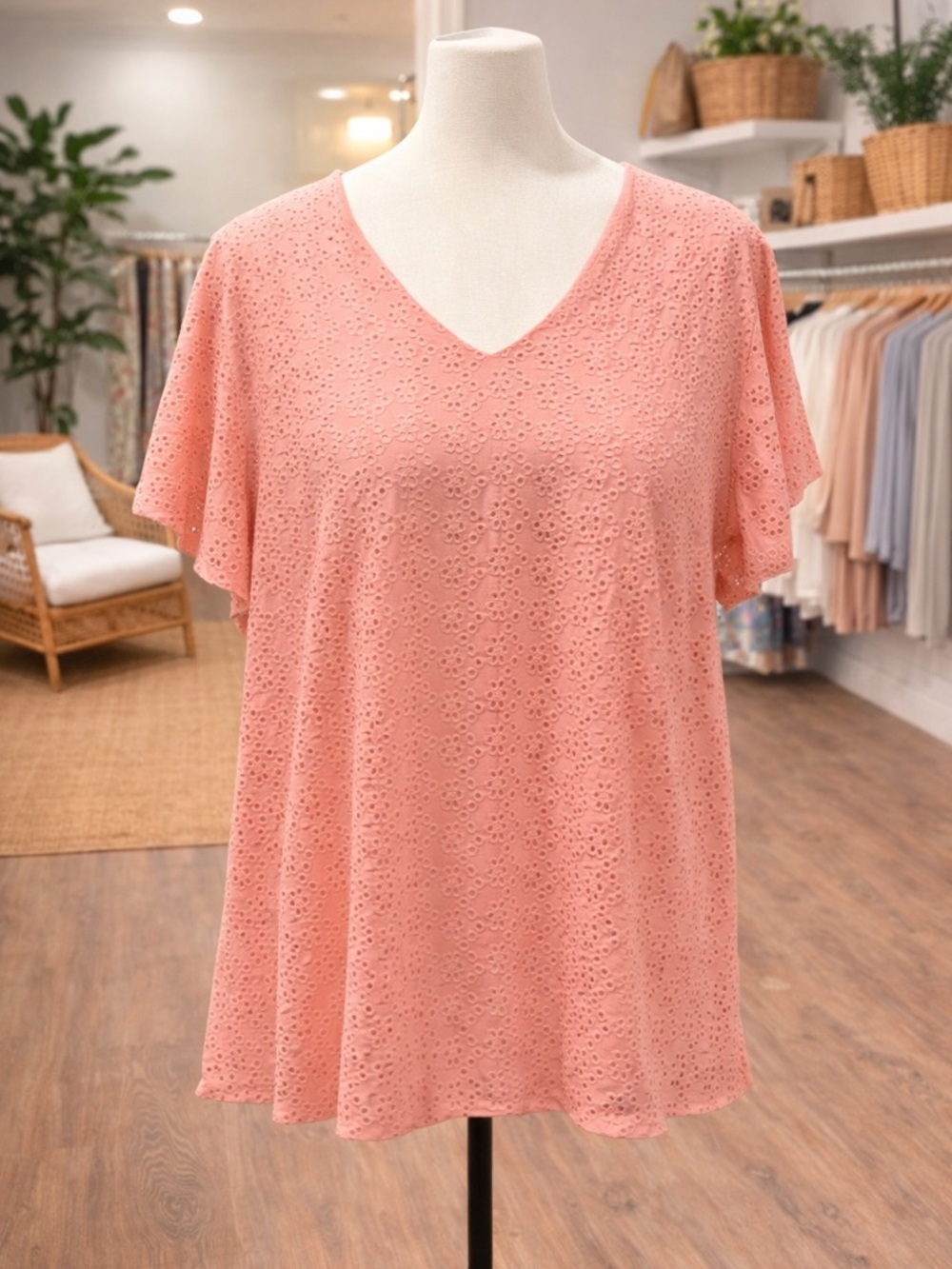 White Birch 3X Coral Eyelet Blouse Flutter Sleeve Lined V Neck Plus NWOT